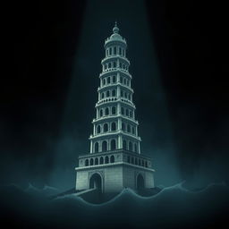Un emblema dramático y cautivador de un reino subacuático indio, que presenta una torre alta y cilíndrica de un blanco grisáceo, erigiéndose en un entorno marino oscuro y misterioso