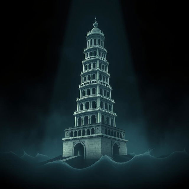 Un emblema dramático y cautivador de un reino subacuático indio, que presenta una torre alta y cilíndrica de un blanco grisáceo, erigiéndose en un entorno marino oscuro y misterioso