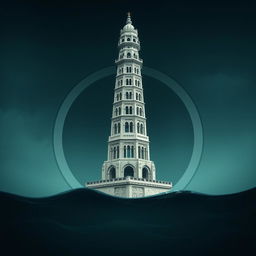 Un emblema dramático y cautivador de un reino subacuático indio, que presenta una torre alta y cilíndrica de un blanco grisáceo, erigiéndose en un entorno marino oscuro y misterioso