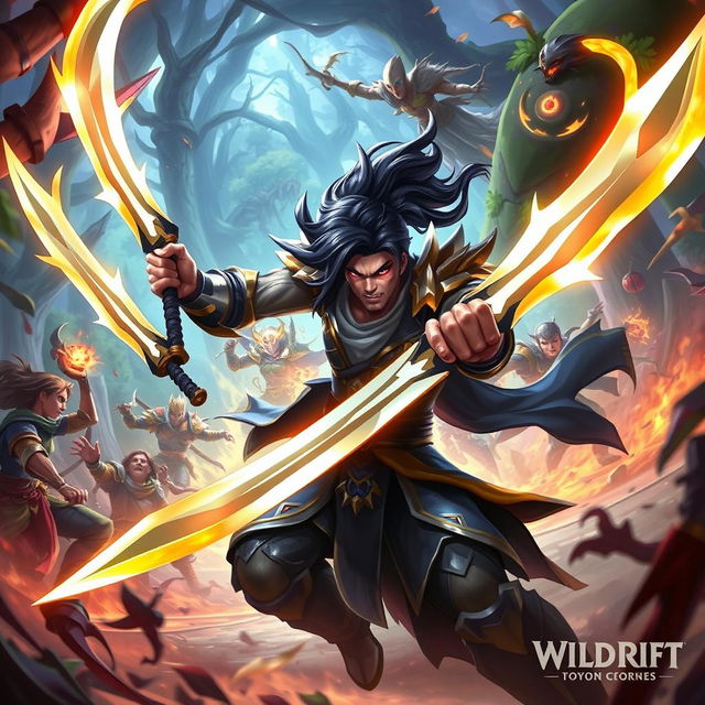 A dynamic and action-packed scene depicting Yone from Wild Rift achieving a pentakill, with his dual blades glowing brightly