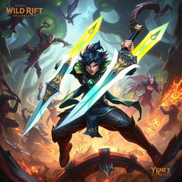 A dynamic and action-packed scene depicting Yone from Wild Rift achieving a pentakill, with his dual blades glowing brightly