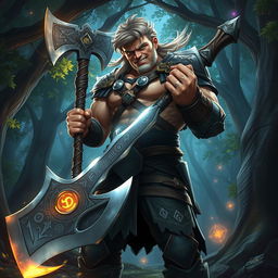 A tall, muscular human character standing confidently in an enchanted forest, wielding a magnificent, intricately designed axe made of shimmering metal with glowing runes etched along its blade