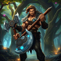 A tall, muscular human character standing confidently in an enchanted forest, wielding a magnificent, intricately designed axe made of shimmering metal with glowing runes etched along its blade