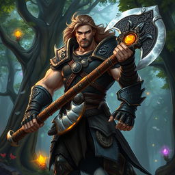 A tall, muscular human character standing confidently in an enchanted forest, wielding a magnificent, intricately designed axe made of shimmering metal with glowing runes etched along its blade