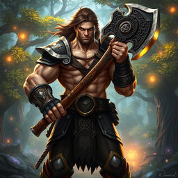 A tall, muscular human character standing confidently in an enchanted forest, wielding a magnificent, intricately designed axe made of shimmering metal with glowing runes etched along its blade
