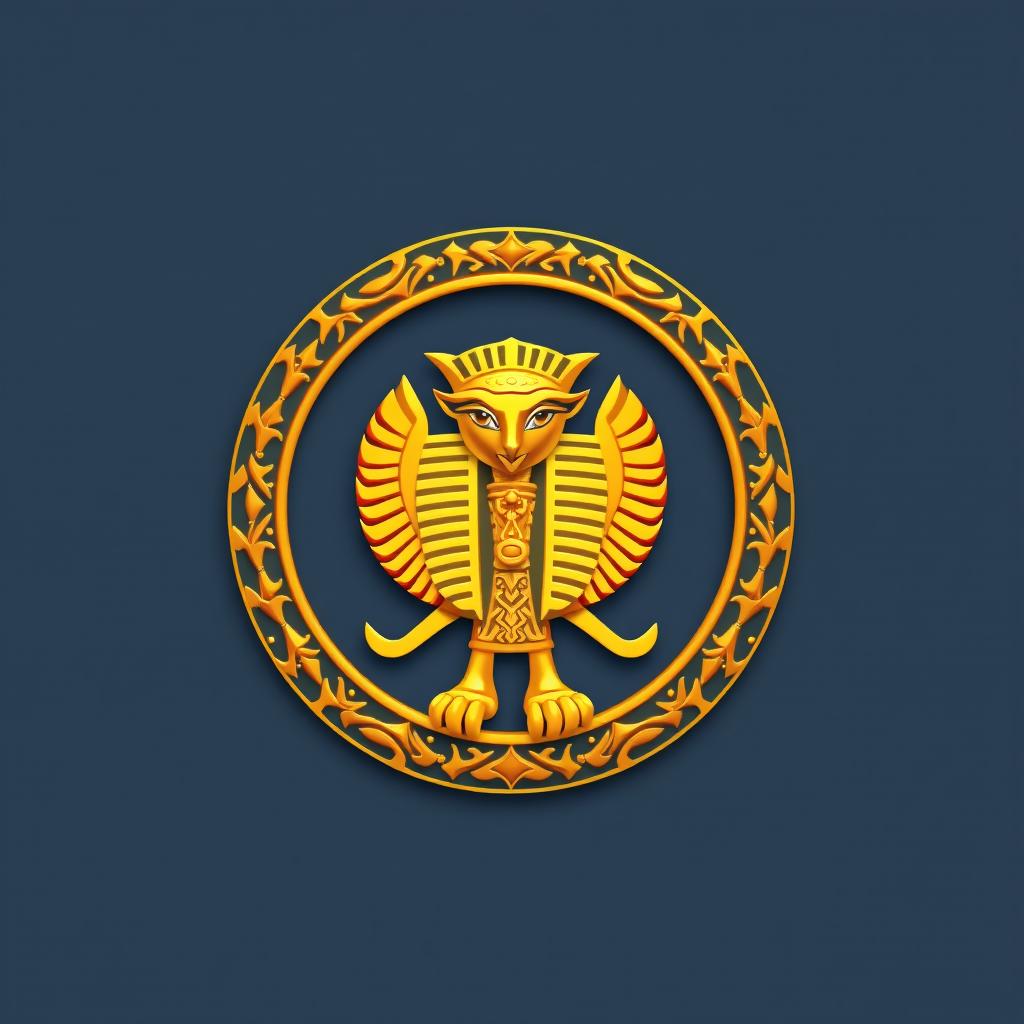 Un emblema elegante representando una civilización egipcia, centrado en un escarabajo dorado que simboliza la riqueza y la cultura de Egipto