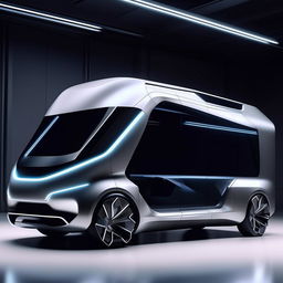 A state-of-the-art, cutting edge futuristic van featuring sleek lines, innovative technology and striking aesthetics.