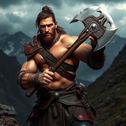 A striking human warrior standing in a dynamic pose, proudly brandishing a stylishly crafted axe that features a broad, gleaming blade with intricate designs and a unique, angular shape