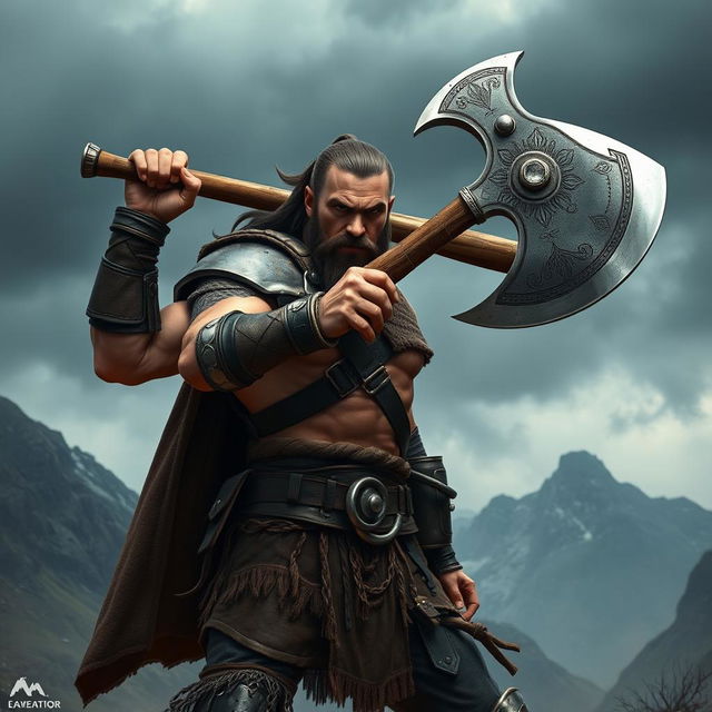 A striking human warrior standing in a dynamic pose, proudly brandishing a stylishly crafted axe that features a broad, gleaming blade with intricate designs and a unique, angular shape