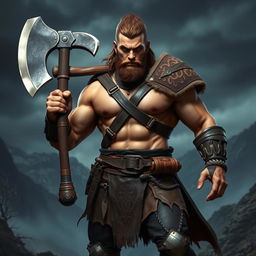 A striking human warrior standing in a dynamic pose, proudly brandishing a stylishly crafted axe that features a broad, gleaming blade with intricate designs and a unique, angular shape