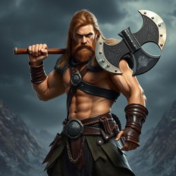 A striking human warrior standing in a dynamic pose, proudly brandishing a stylishly crafted axe that features a broad, gleaming blade with intricate designs and a unique, angular shape