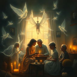 A poignant and mystical artwork illustrating the theme "They continue among us" with a focus on spirits, death, and family life across past lives