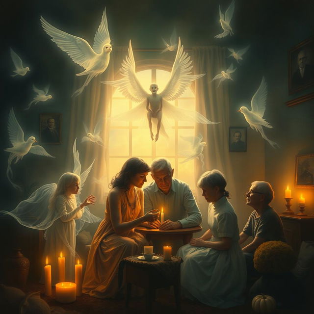 A poignant and mystical artwork illustrating the theme "They continue among us" with a focus on spirits, death, and family life across past lives