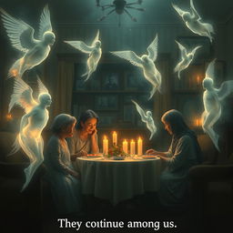 A poignant and mystical artwork illustrating the theme "They continue among us" with a focus on spirits, death, and family life across past lives