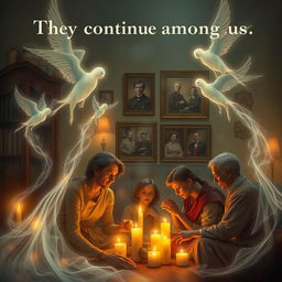 A poignant and mystical artwork illustrating the theme "They continue among us" with a focus on spirits, death, and family life across past lives