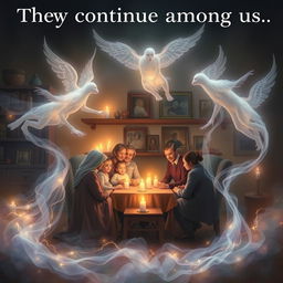 A poignant and mystical artwork illustrating the theme "They continue among us" with a focus on spirits, death, and family life across past lives