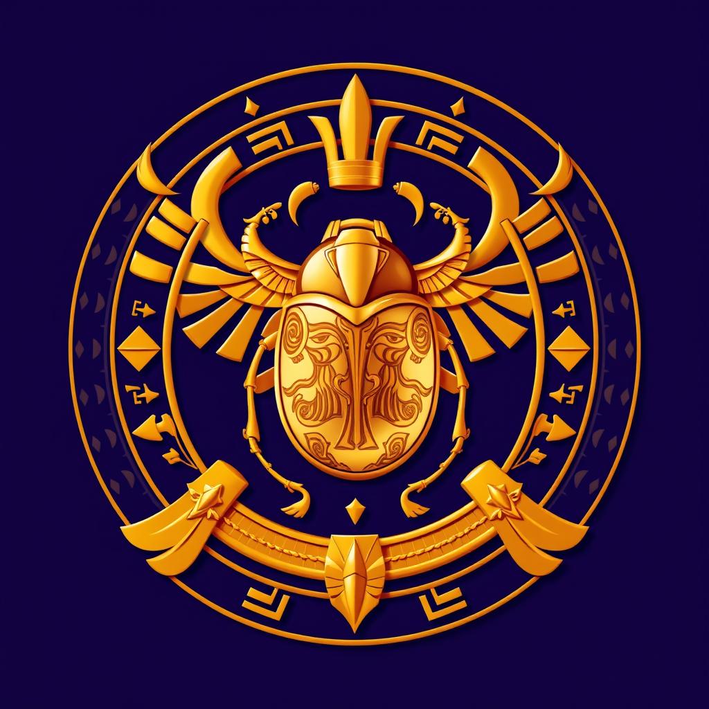 An emblem representing an ancient Egyptian kingdom, prominently featuring a stunning golden scarab at its center, symbolizing regeneration and protection