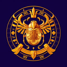 An emblem representing an ancient Egyptian kingdom, prominently featuring a stunning golden scarab at its center, symbolizing regeneration and protection