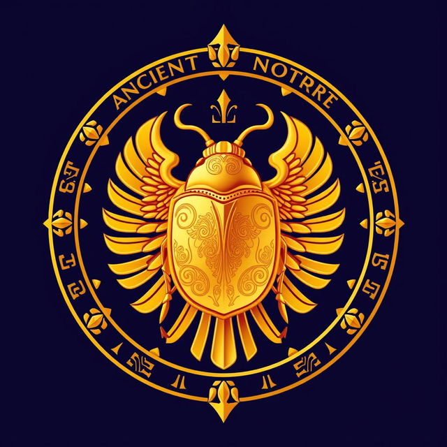 An emblem representing an ancient Egyptian kingdom, prominently featuring a stunning golden scarab at its center, symbolizing regeneration and protection