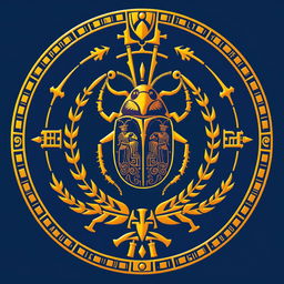 An emblem representing an ancient Egyptian kingdom, prominently featuring a stunning golden scarab at its center, symbolizing regeneration and protection