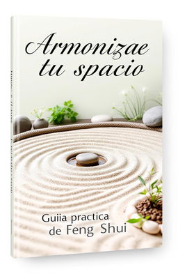 A serene ebook cover design for a book titled 'Armoniza tu espacio: Guia practica de Feng Shui'