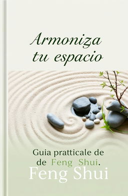 A serene ebook cover design for a book titled 'Armoniza tu espacio: Guia practica de Feng Shui'
