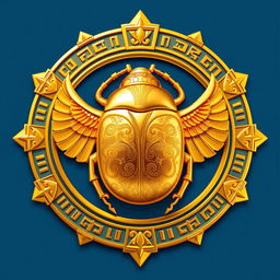 A detailed emblem depicting an ancient Egyptian kingdom, prominently featuring a stunning golden scarab at its center, symbolizing regeneration and protection