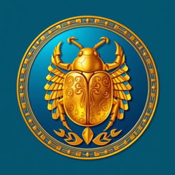 A detailed emblem depicting an ancient Egyptian kingdom, prominently featuring a stunning golden scarab at its center, symbolizing regeneration and protection