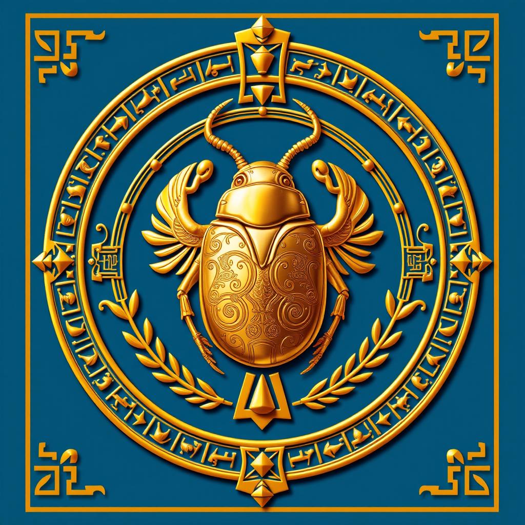 A detailed emblem depicting an ancient Egyptian kingdom, prominently featuring a stunning golden scarab at its center, symbolizing regeneration and protection