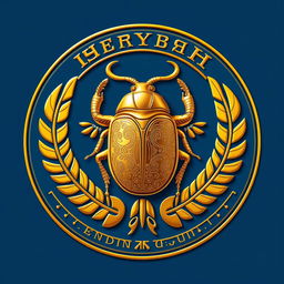 A detailed emblem depicting an ancient Egyptian kingdom, prominently featuring a stunning golden scarab at its center, symbolizing regeneration and protection