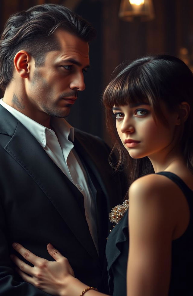 A tall, muscular man with scars on his face and slightly long hair, wearing a sophisticated black suit, is gazing intently at a beautiful and very cute brunette girl with brown eyes standing in front of him