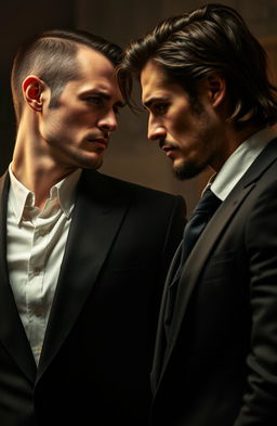 A tall, muscular man with scars on his face and slightly long hair, wearing a sophisticated black suit, is gazing intently at a beautiful and very cute brunette girl with brown eyes standing in front of him