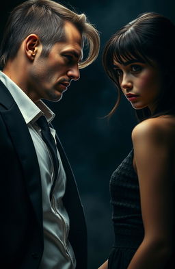 A tall, muscular man with scars on his face and slightly long hair, wearing a sophisticated black suit, is gazing intently at a beautiful and very cute brunette girl with brown eyes standing in front of him