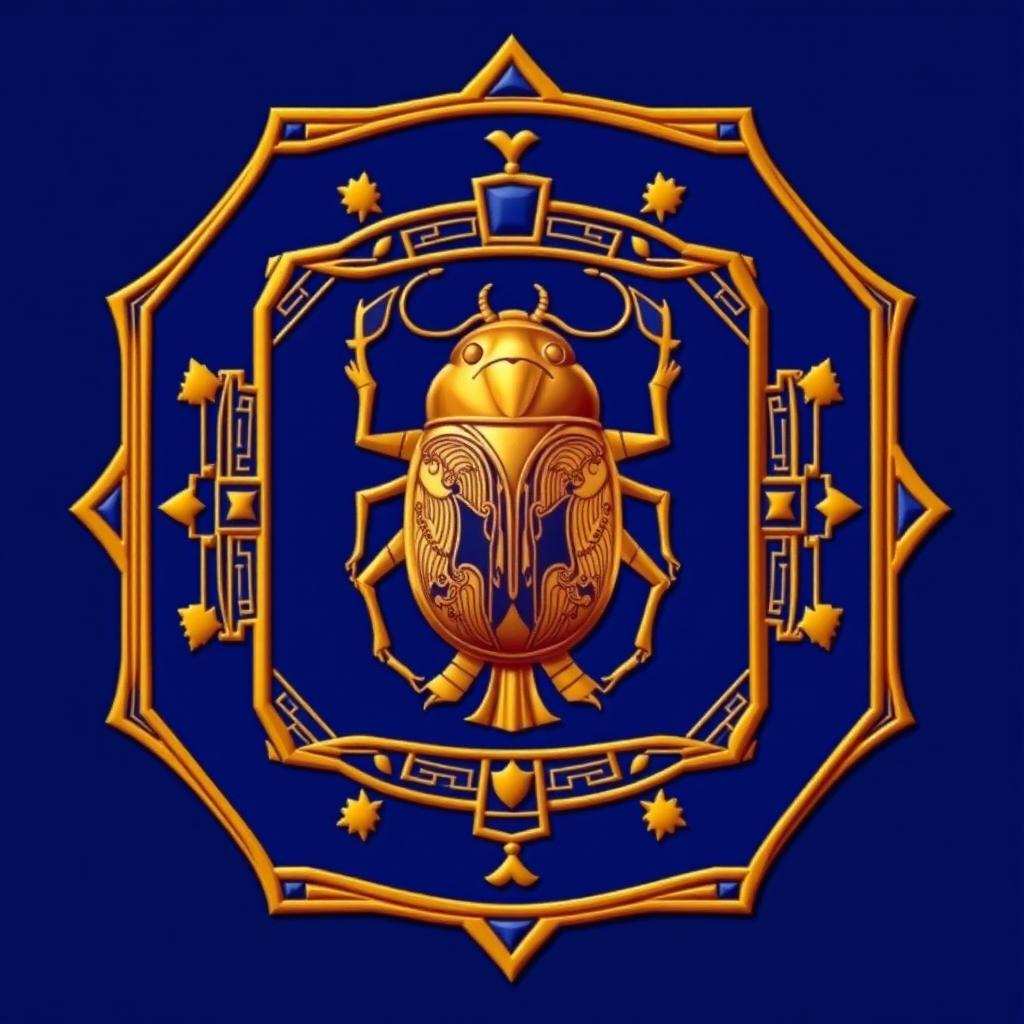 A magnificent emblem symbolizing an ancient Egyptian kingdom, featuring a central golden scarab, representing rebirth and protection