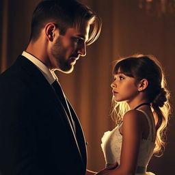 A tall, muscular man with scars on his face and slightly long hair, dressed in an elegant black suit, gazes at a beautiful and very cute brunette girl with brown eyes standing before him
