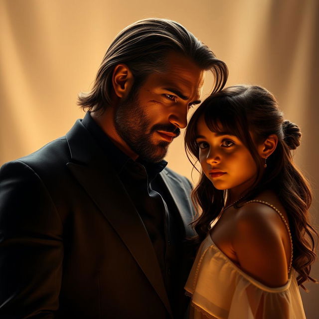 A tall, muscular man with scars on his face and slightly long hair, dressed in an elegant black suit, gazes at a beautiful and very cute brunette girl with brown eyes standing before him