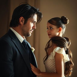 A tall, muscular man with scars on his face and slightly long hair, dressed in an elegant black suit, gazes at a beautiful and very cute brunette girl with brown eyes standing before him