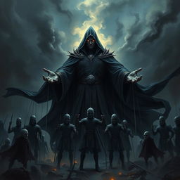 A powerful scene featuring General Umbra, a commanding figure with dark, flowing robes, standing amidst a dramatic battlefield