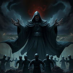 A powerful scene featuring General Umbra, a commanding figure with dark, flowing robes, standing amidst a dramatic battlefield