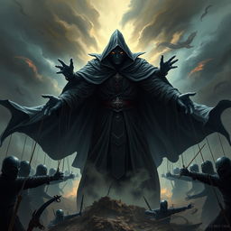 A powerful scene featuring General Umbra, a commanding figure with dark, flowing robes, standing amidst a dramatic battlefield