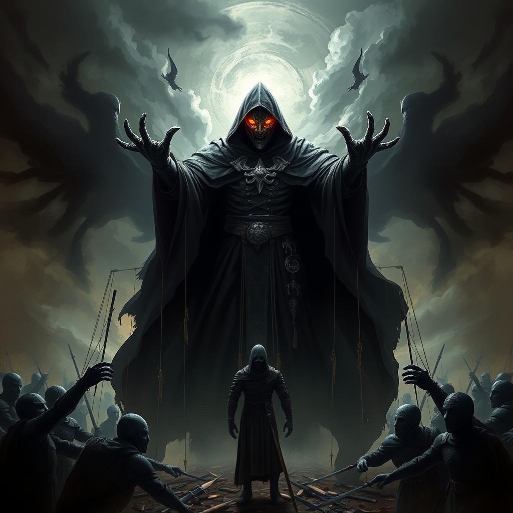 A powerful scene featuring General Umbra, a commanding figure with dark, flowing robes, standing amidst a dramatic battlefield