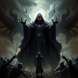 A powerful scene featuring General Umbra, a commanding figure with dark, flowing robes, standing amidst a dramatic battlefield