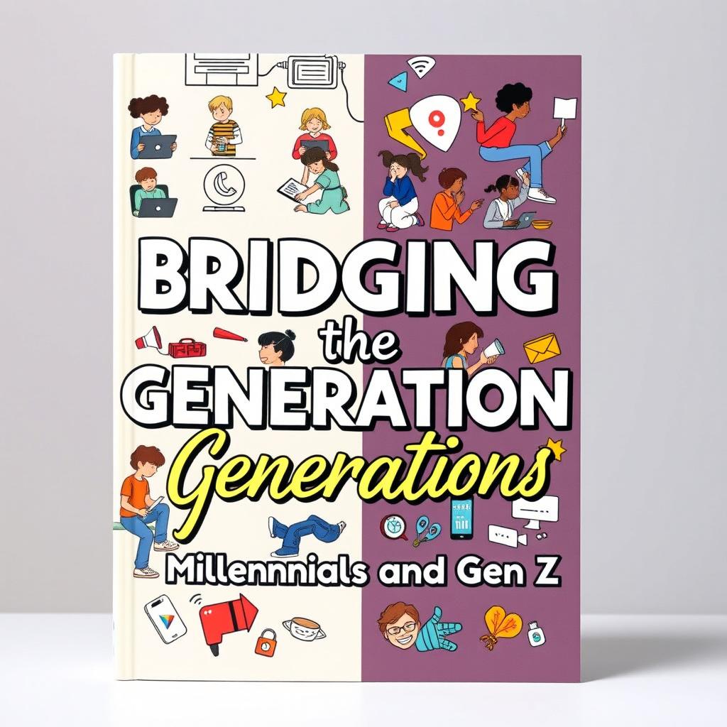 An engaging cover design for a book or article exploring the relationship between Millennials and Generation Z