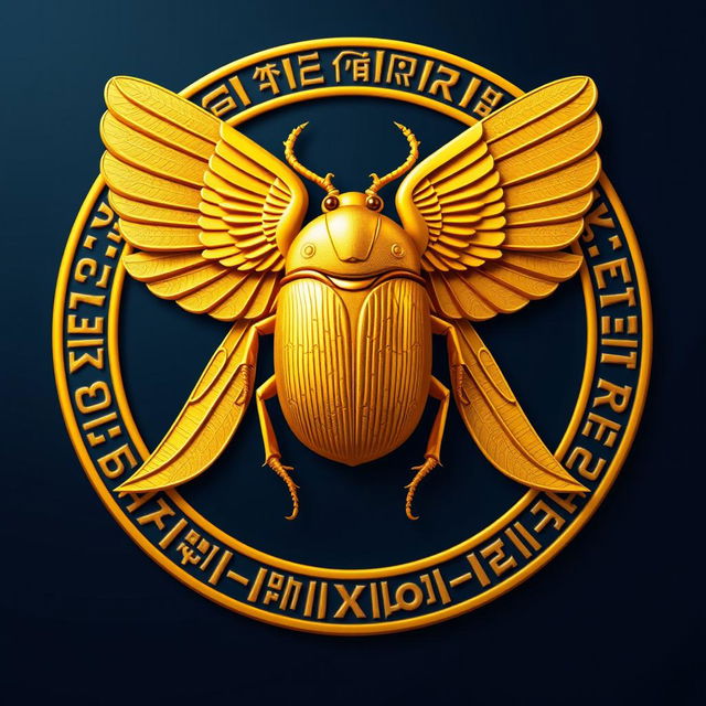 An emblem representing an ancient Egyptian kingdom, featuring a realistic golden scarab at its center