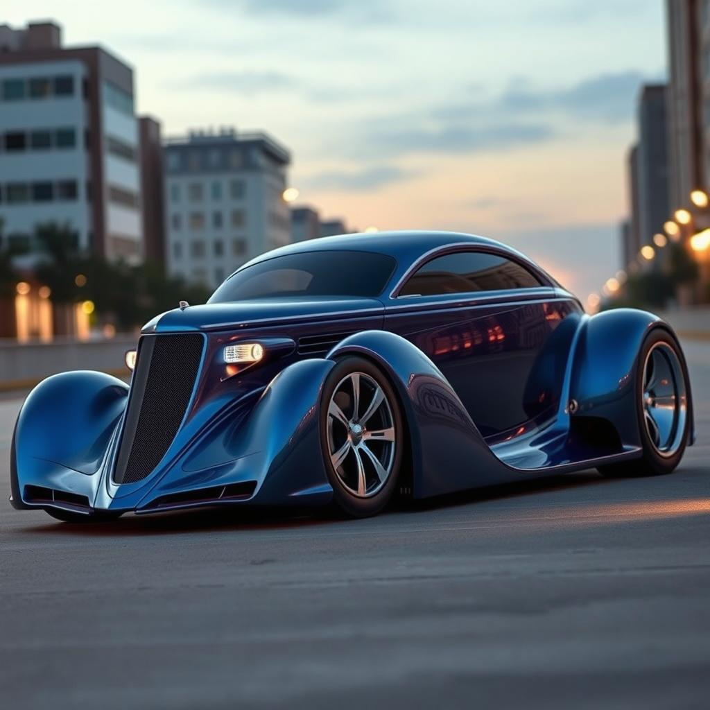 An imaginative supercar design that fuses elements of a classic 1934 Chevrolet Sedan and a modern 2025 Cadillac Lumistiq