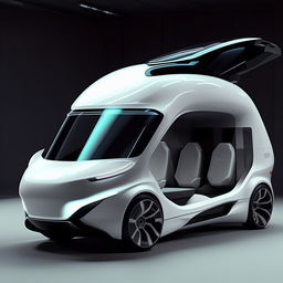 A state-of-the-art, cutting edge futuristic van featuring sleek lines, innovative technology and striking aesthetics.