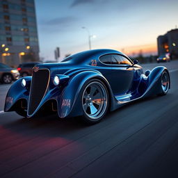 An imaginative supercar design that fuses elements of a classic 1934 Chevrolet Sedan and a modern 2025 Cadillac Lumistiq