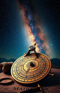 A stunning celestial scene representing astronomical navigation, featuring a vintage star chart, a compass, and celestial bodies like stars and constellations in a night sky