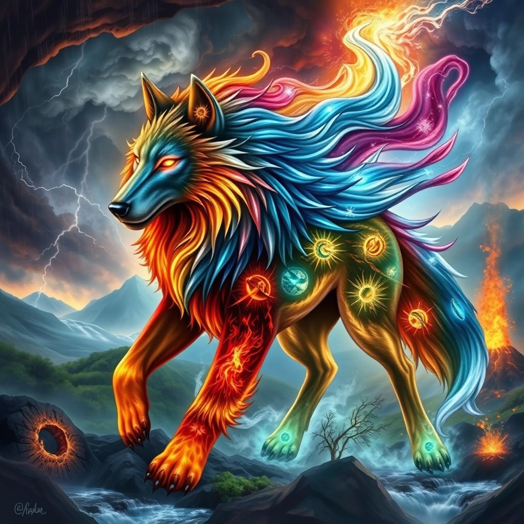 A majestic elemental Fenrir, a mythical wolf with a powerful and mystical appearance, embodying all four elements: earth, water, fire, and air