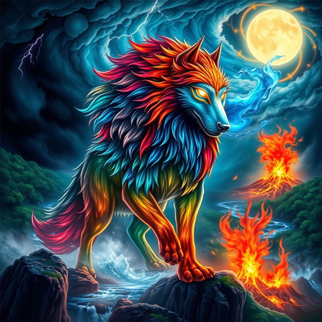 A majestic elemental Fenrir, a mythical wolf with a powerful and mystical appearance, embodying all four elements: earth, water, fire, and air